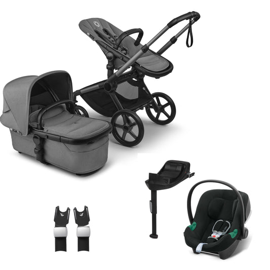 Bugaboo Fox 5 in moon grey complete, with aton B2 car seat and base.