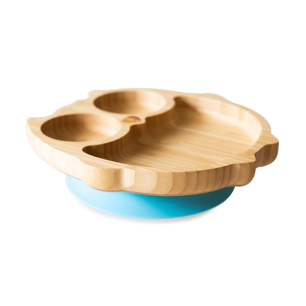 Eco Rascals Bamboo owl suction plate with pale blue base.