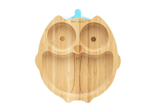 Eco Rascals Bamboo owl suction plate with pale blue base.