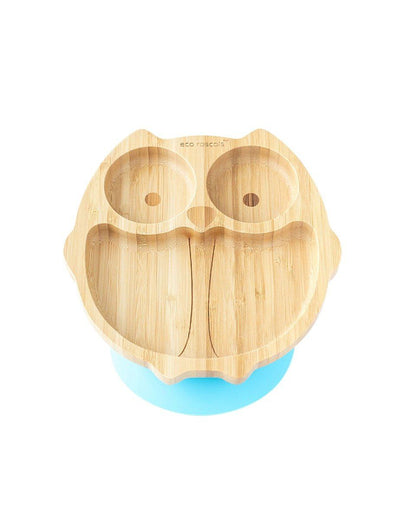 Eco Rascals Bamboo owl suction plate with pale blue base.