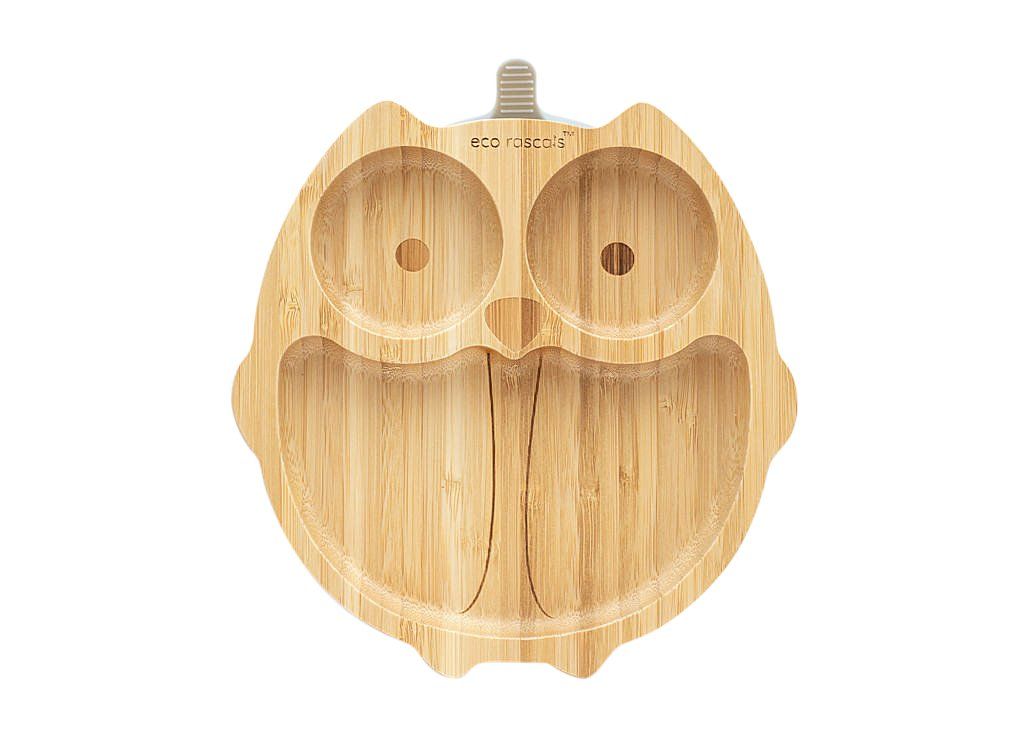 Eco Rascals Bamboo owl suction plate with grey base.