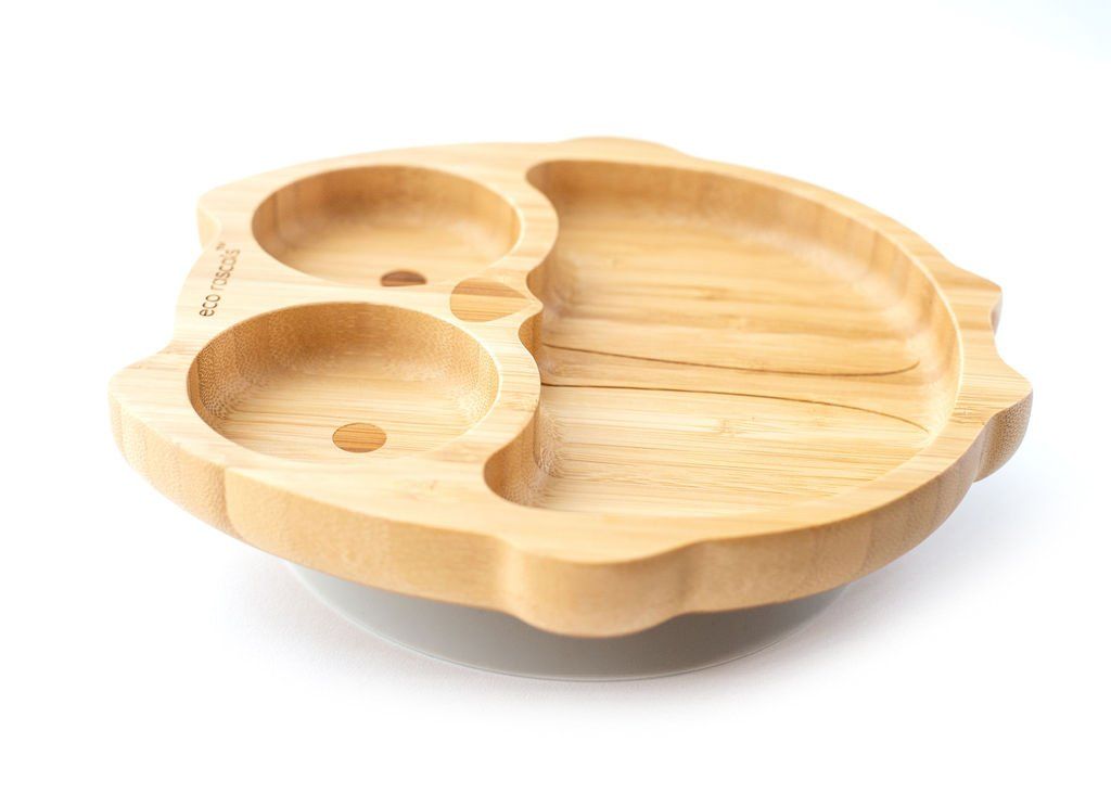 Eco Rascals Bamboo owl suction plate with grey base.