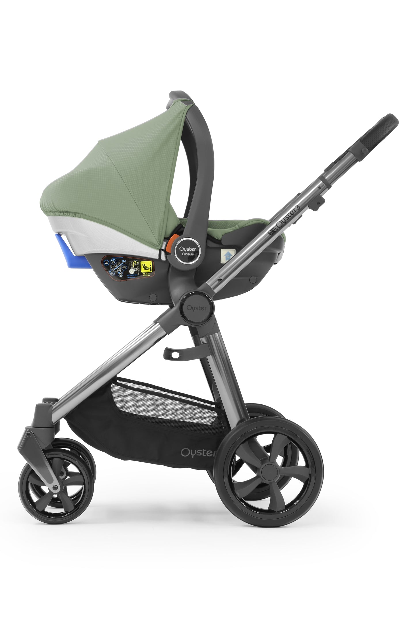 Oyster 3 Stroller in Spearmint with car seat attached