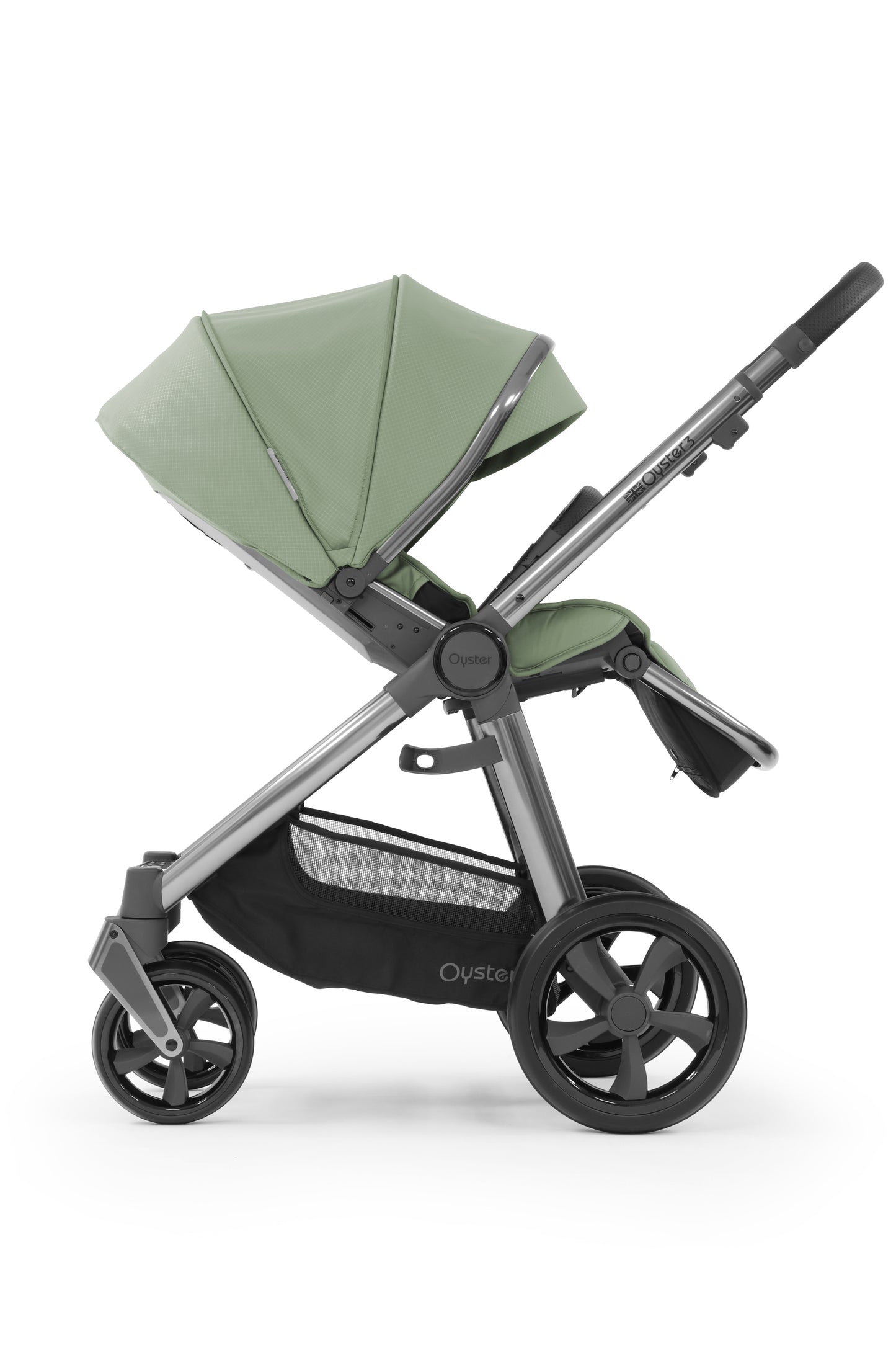 Oyster 3 Stroller in Spearmint with  hood folded inwards