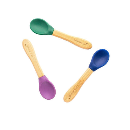 Eco rascals bamboo spoon set in purple, green and navy.