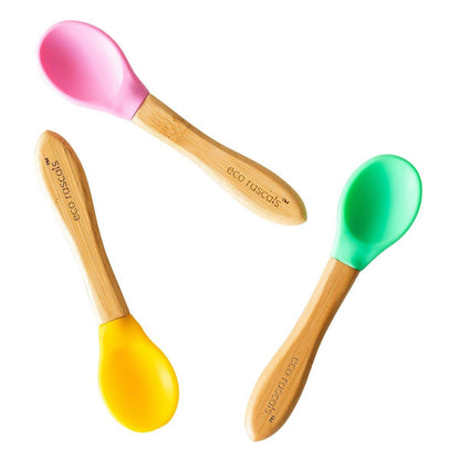 Eco rascals bamboo spoon set in yellow, green and pink.