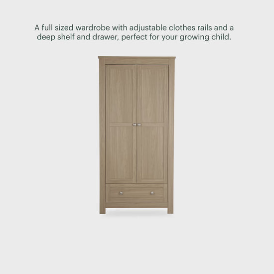 CuddleCo burford wardrobe with 2 doors and 1 drawer in oak colour.
