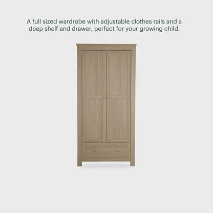CuddleCo burford wardrobe with 2 doors and 1 drawer in oak colour.
