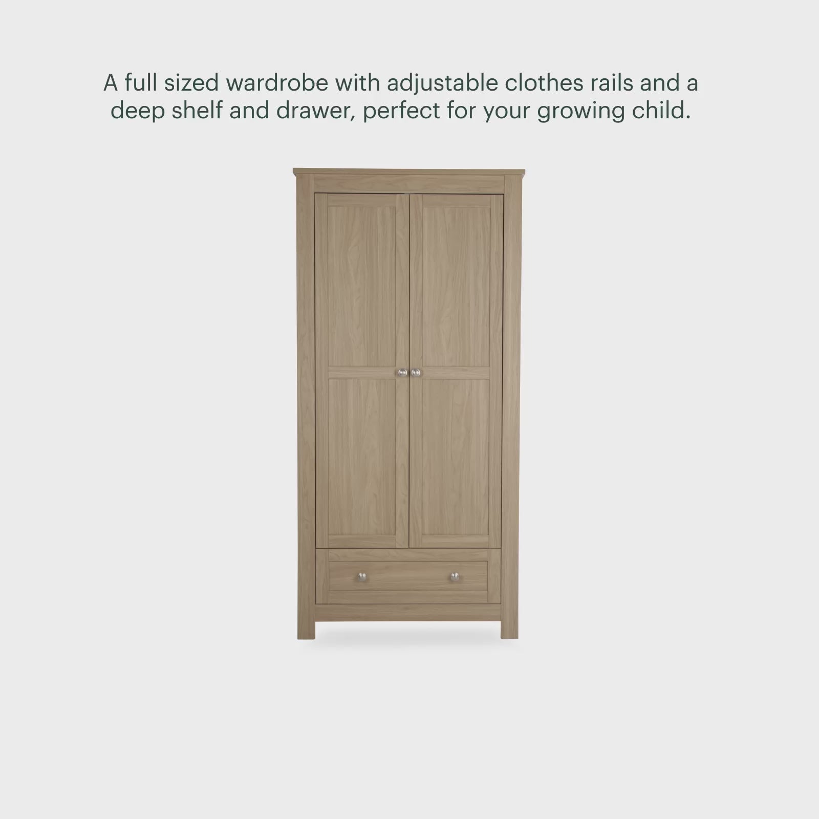 CuddleCo burford wardrobe with 2 doors and 1 drawer in oak colour.