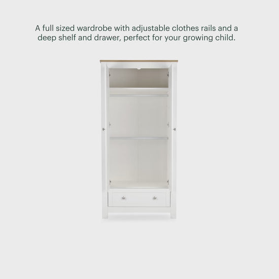 CuddleCo Burford wardrobe with 2 doors and 1 drawer, in white with oak trim.