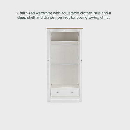 CuddleCo Burford wardrobe with 2 doors and 1 drawer, in white with oak trim.