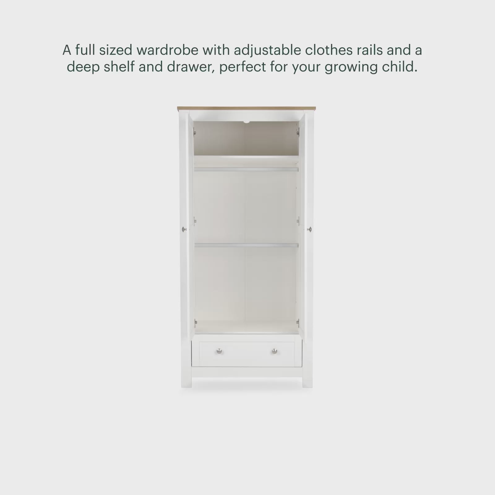 CuddleCo Burford wardrobe with 2 doors and 1 drawer, in white with oak trim.