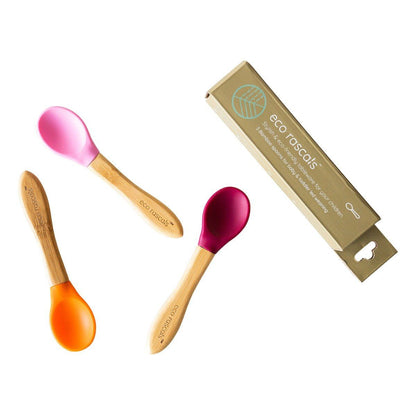 Eco rascals bamboo spoon set in orange, burgundy and pink.