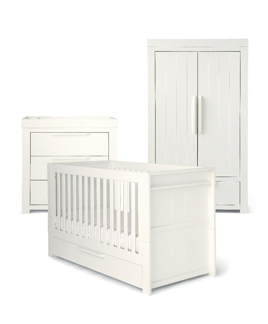 Mamas & Papas Franklin 3 Piece Cotbed Range with Dresser Changer & Double Wardrobe in White Wash