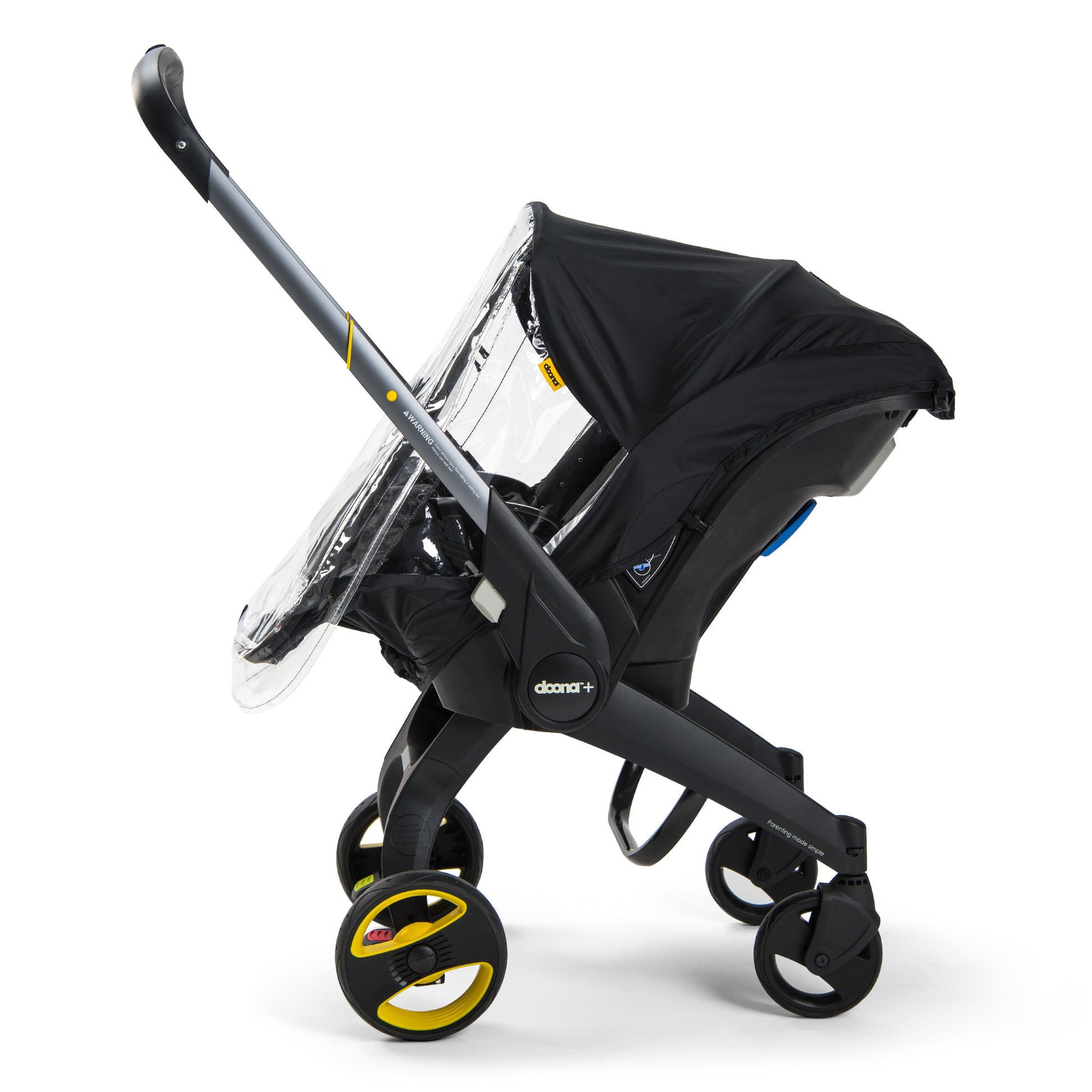 A black stroller  car seat with a clear protective cover, specifically designed for use with a Doona car seat in rainy conditions.