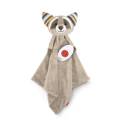 A beige racoon baby comforter and sound box.