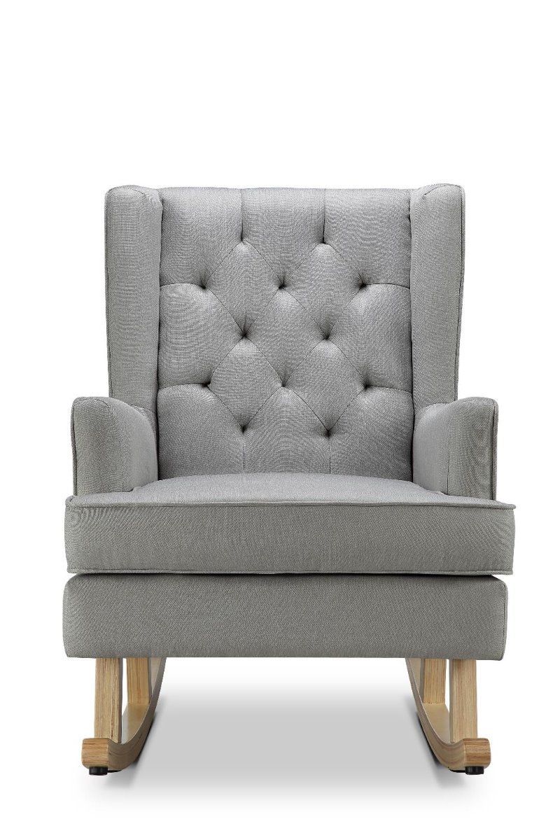 A high back grey rocking chair upholstered fabric, featuring a tufted back and sturdy hardwood legs.