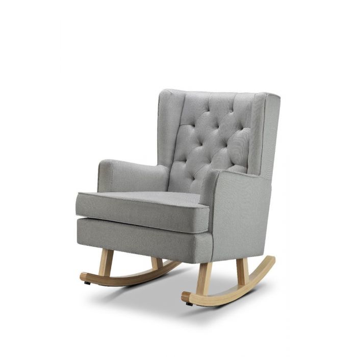 A high back grey rocking chair upholstered fabric, featuring a tufted back and sturdy hardwood legs.