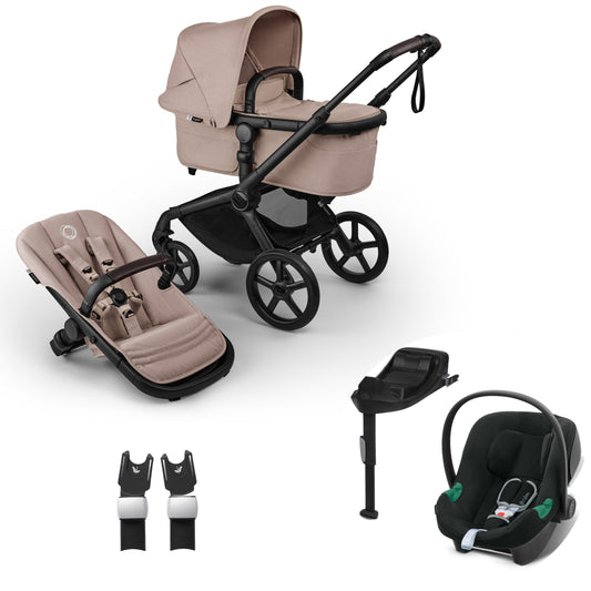 Bugaboo Fox 5 in desert taupe complete, with aton B2 car seat and base.