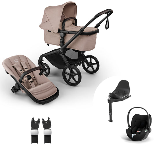 Bugaboo Fox 5 in Desert Taupe with cloud t car seat, base.