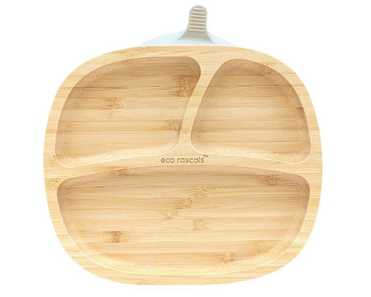 Eco rascals bamboo toddler plate with grey suction base.