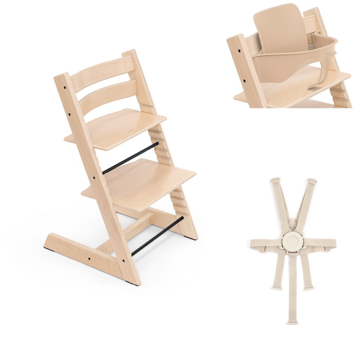 Stokke Tripp Trapp  wooden Highchair with baby set and harness.