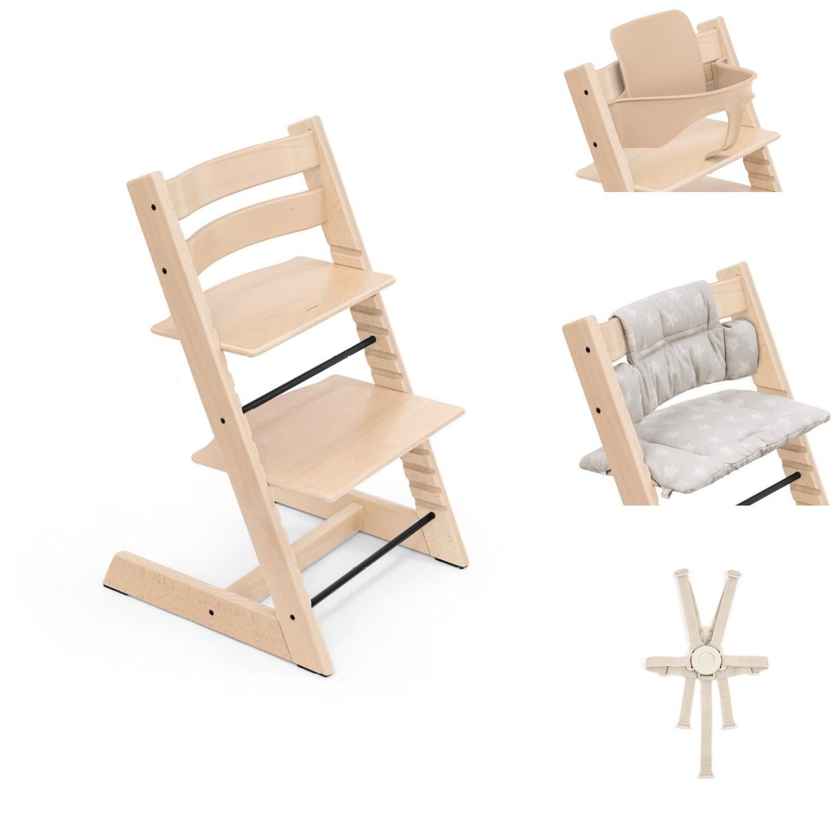 Stokke Tripp Trapp  wooden Highchair with baby set, harness and cushion.